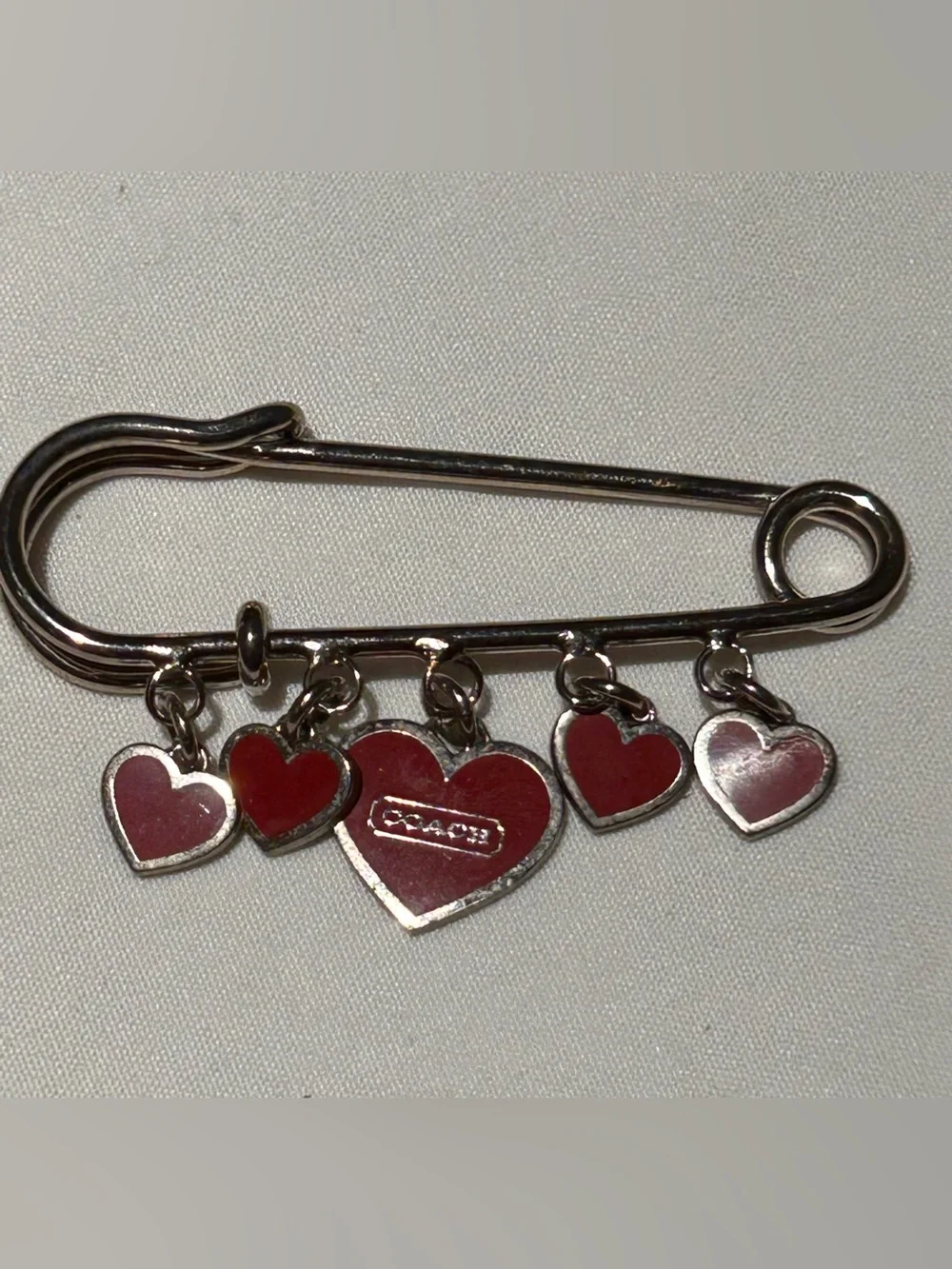 Vintage Coach Silver-Tone Brooch with Red Heart Charms